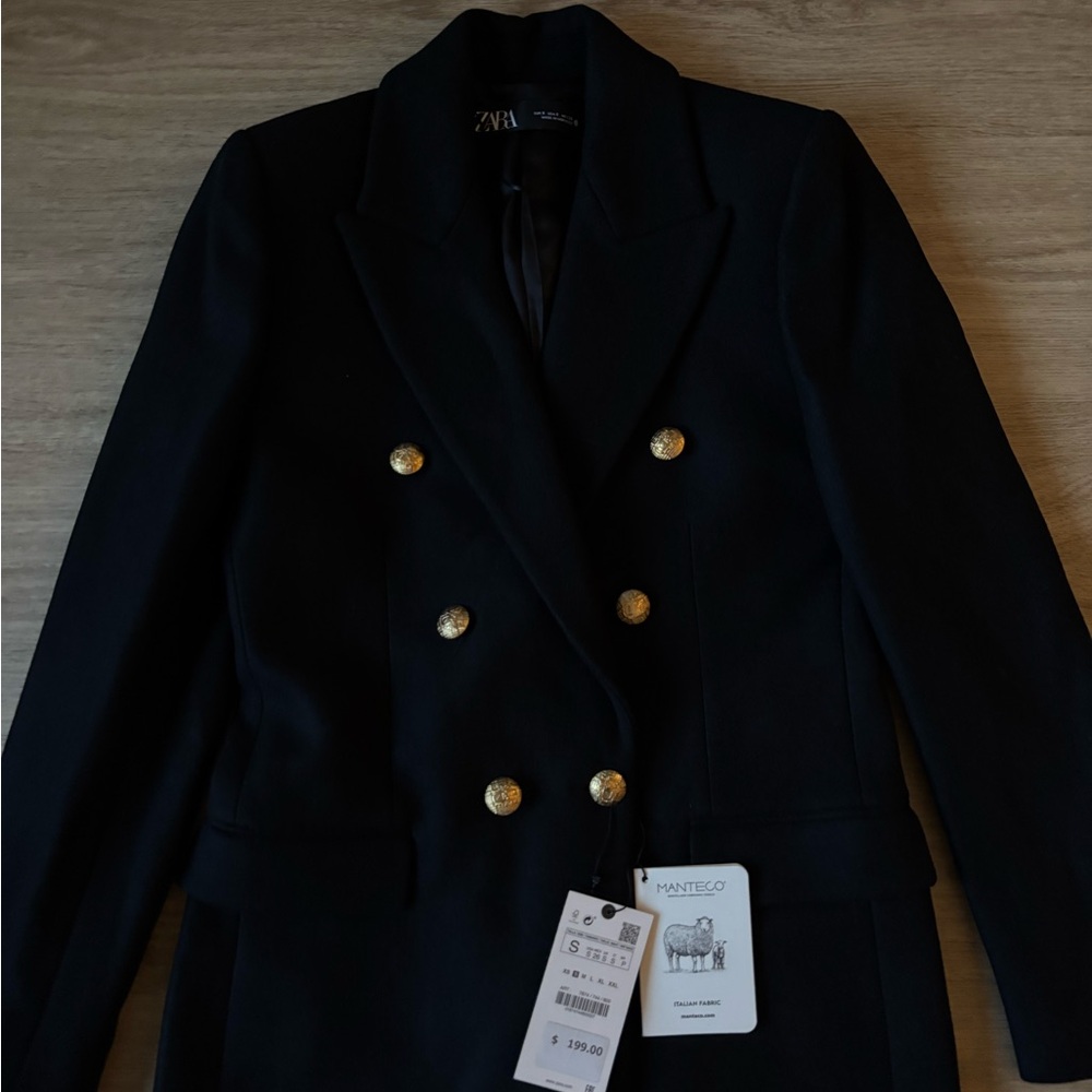 NWT Zara Double Breasted Wool Coat Black Size Small - Picture 6 of 9